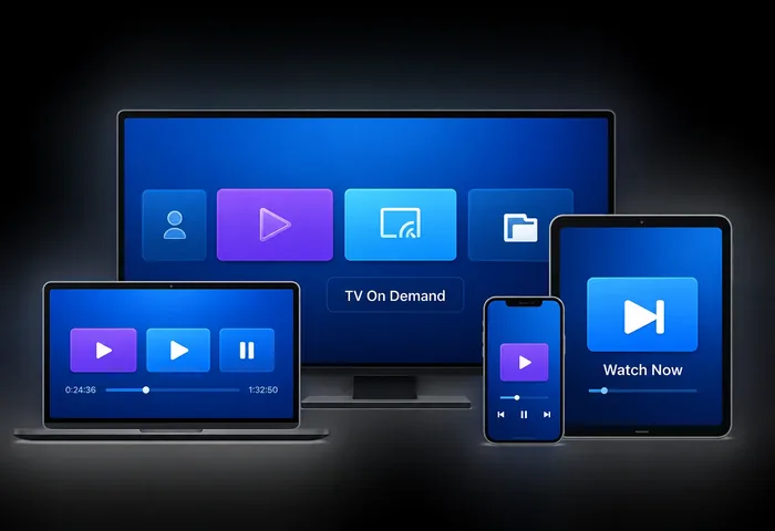 TV, laptop, tablet and phone all showing a streaming interface, representing multi-device households