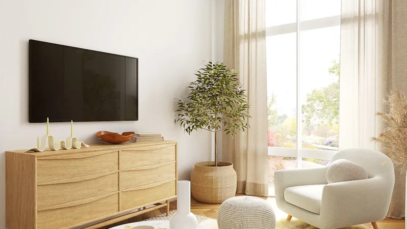 Modern Smart TV mounted on a living room wall